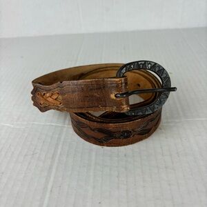 Handcrafted leather belt/brown tooled design/metal buckle/Woman’s Large